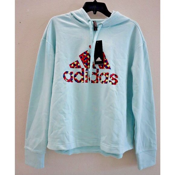 adidas HD8211 Womens Plus Sz 1XL Halo Mint Blue Polka Dot Logo Hooded Sweatshirt - Picture 1 of 5